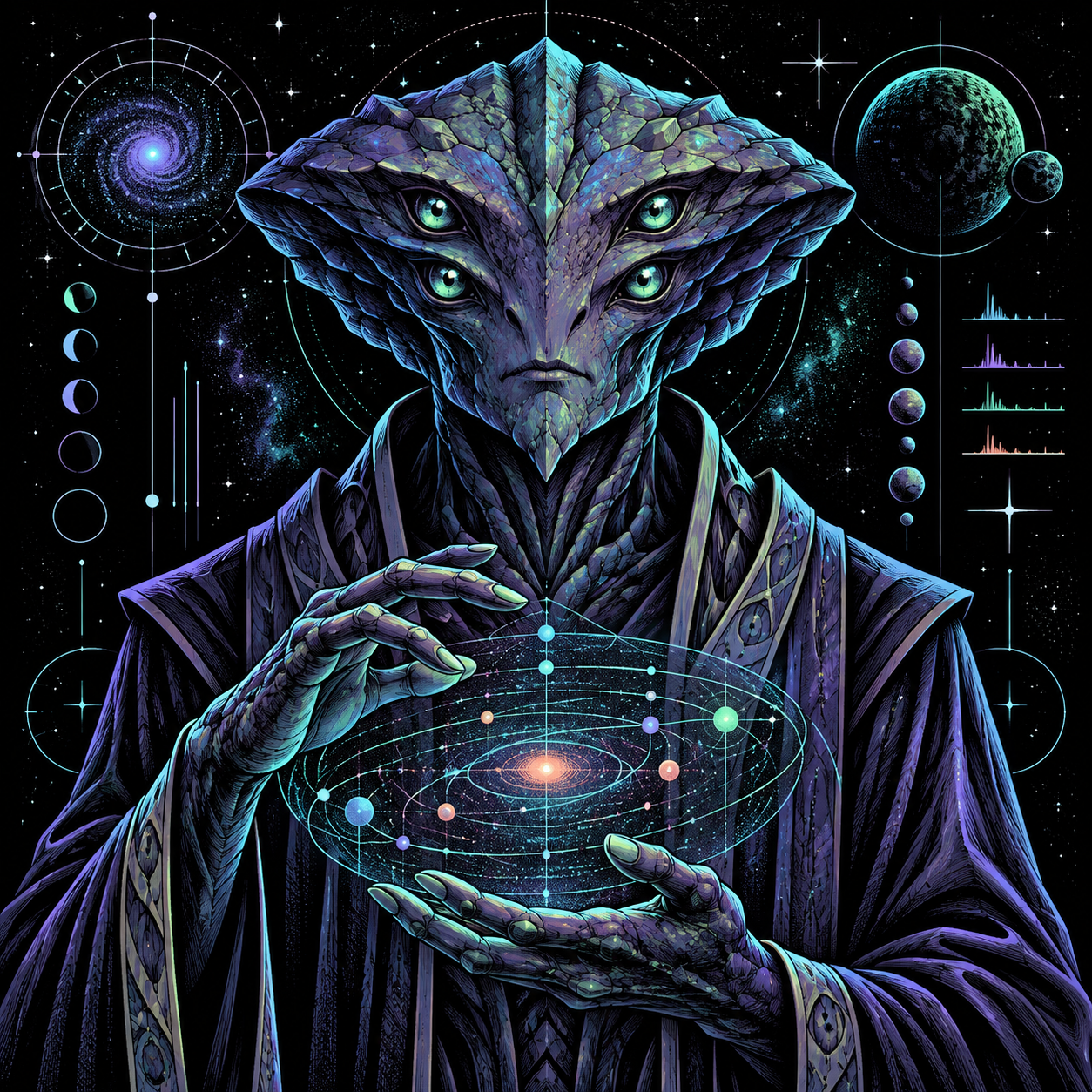 An original four-eyed exobiologist studying a holographic star system
